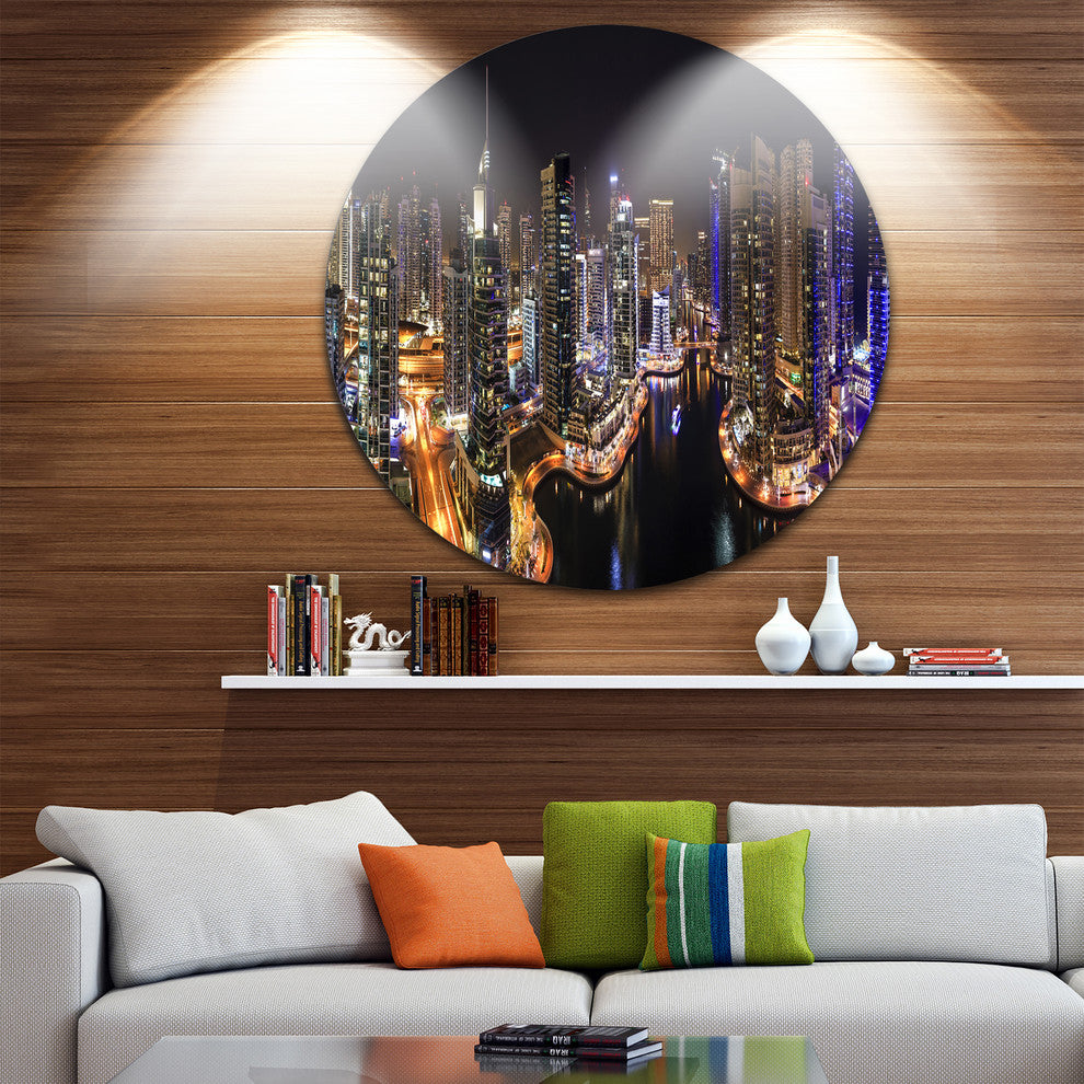 Dubai Marina View At Night, Cityscape Disc Metal Wall Art, 23"