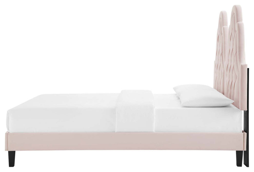 Tufted Platform Bed Frame, Twin Size, Velvet, Pink, Modern Contemporary, Bedroom