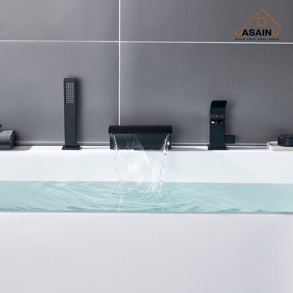 CASAINC Roman Tub Luxury Waterfall Faucet Set Spout w Hand Shower, Matte Black