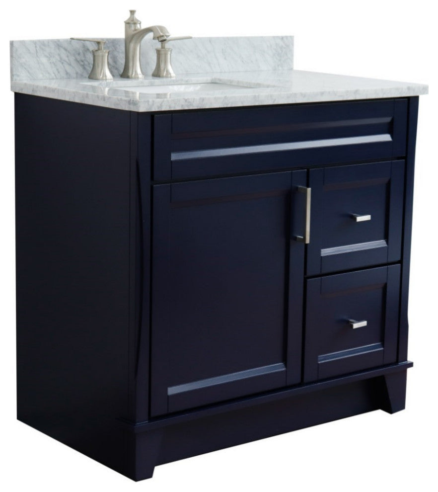37" Single Sink Vanity, Blue Finish With White Carrara Marble