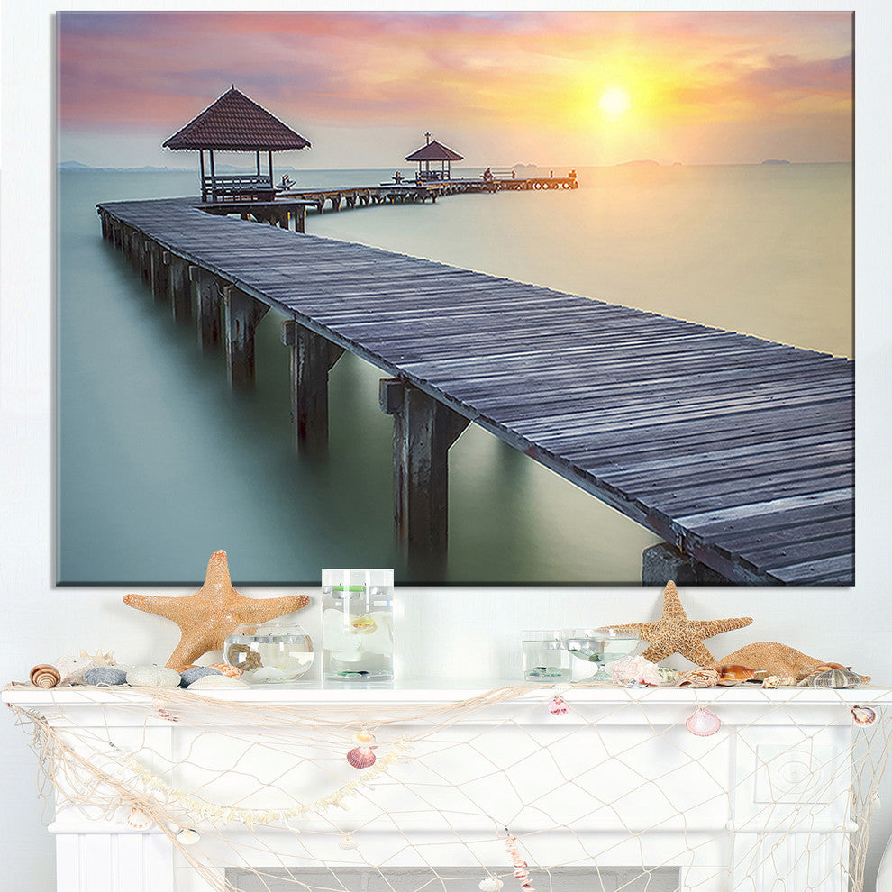 "Long Wooden Bridge Into The Sunrise" Sea Pier Wall Art Canvas Print, 32"x16"