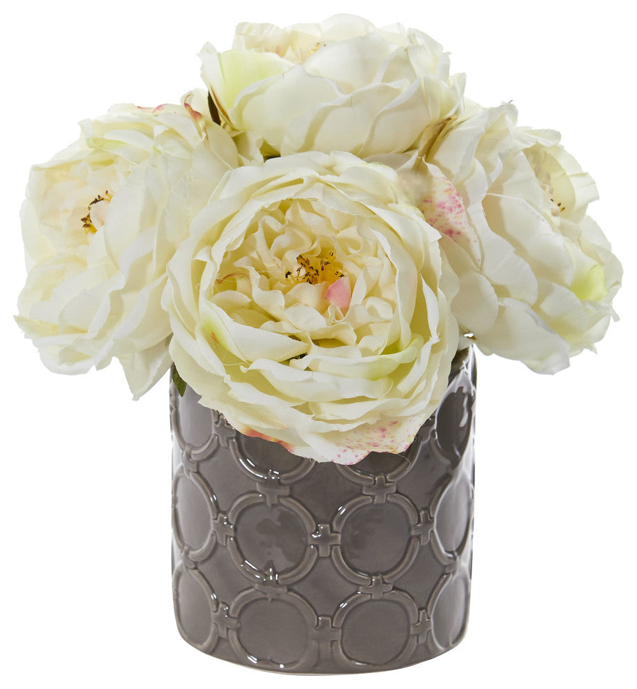 Nearly Natural Large Rose Artificial Arrangement in Gray Vase White