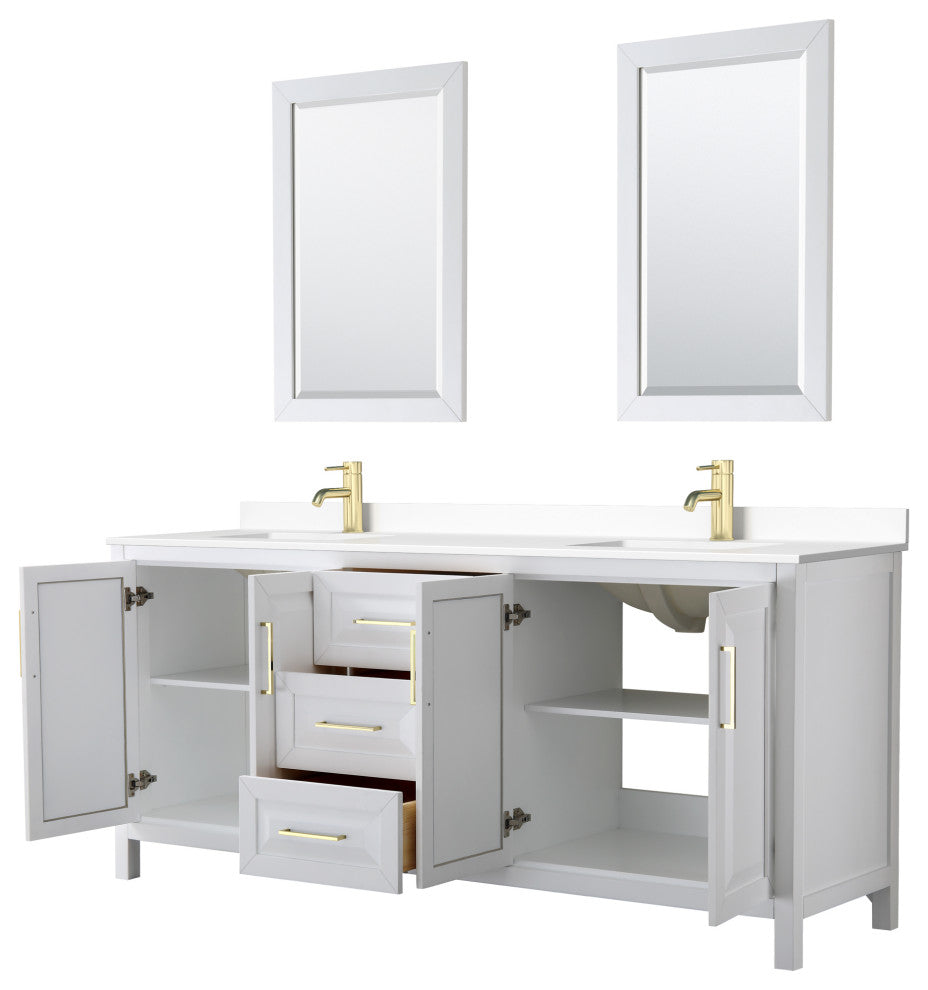80"DBL Vanity White, White Cult. Marble Countertop, Sinks, 24"Mirrors, Gold Trim