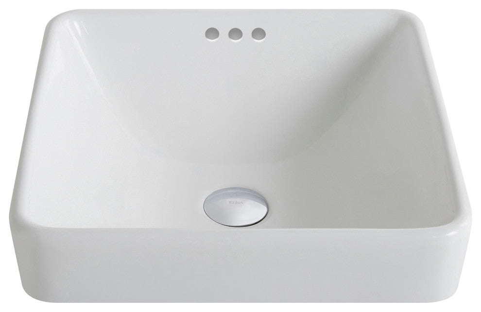 Elavo Ceramic Square Semi-Recessed White Sink, PU Drain Chrome