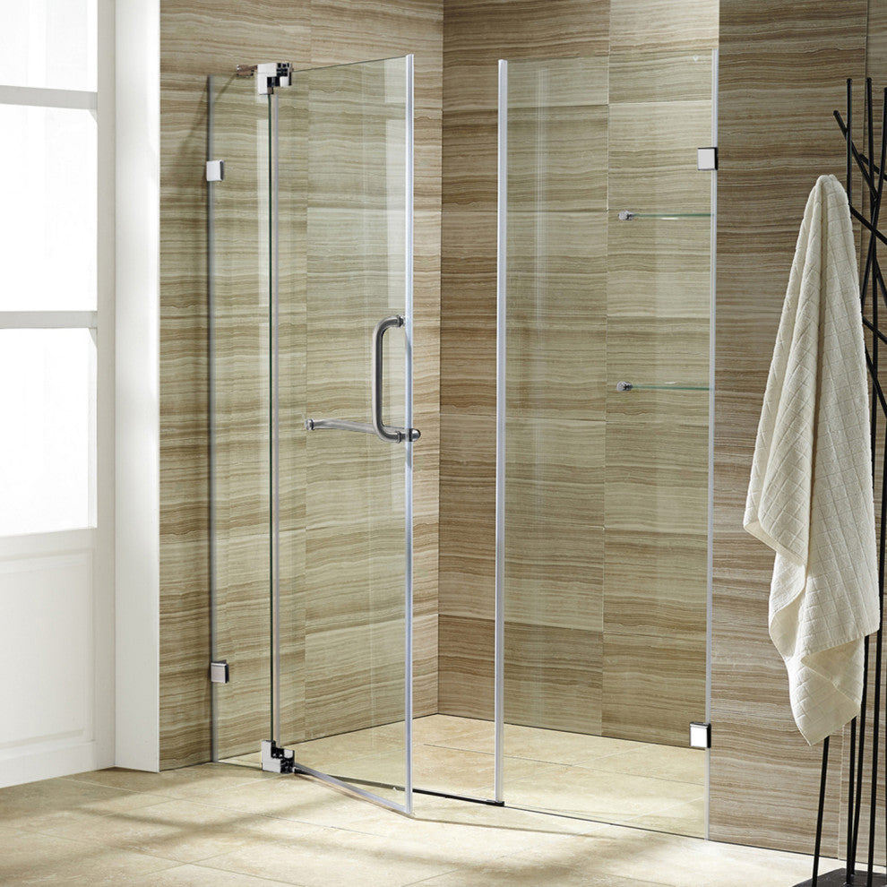 VIGO Pirouette 54" to 60" W x 72" H Frameless Pivot Shower Door, Brushed Nickel, Clear Glass