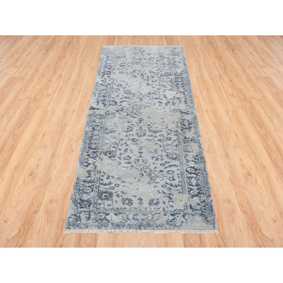 Gray Pure Silk With Wool Hand Knotted Broken Kashan Design Runner Rug, 2'9"x7'8"