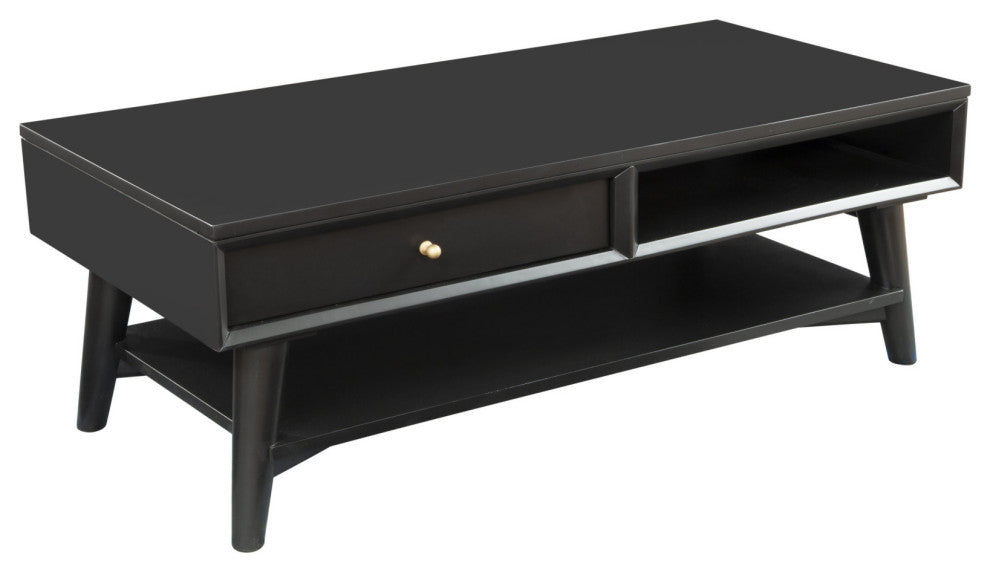 48" Black Solid And Manufactured Wood Coffee Table With Drawer