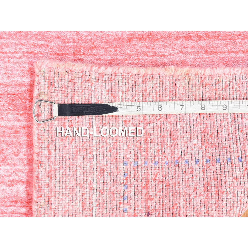 Pink, Modern Grass Design, Wool and Silk Hand Loomed XL Runner Rug, 2'6"x17'9"