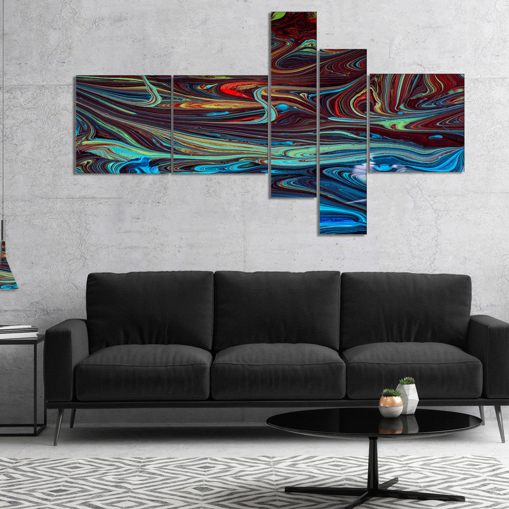 Red Blue Abstract Acrylic Paint Mix, Abstract Art on Canvas, 60"x32", 5 panels