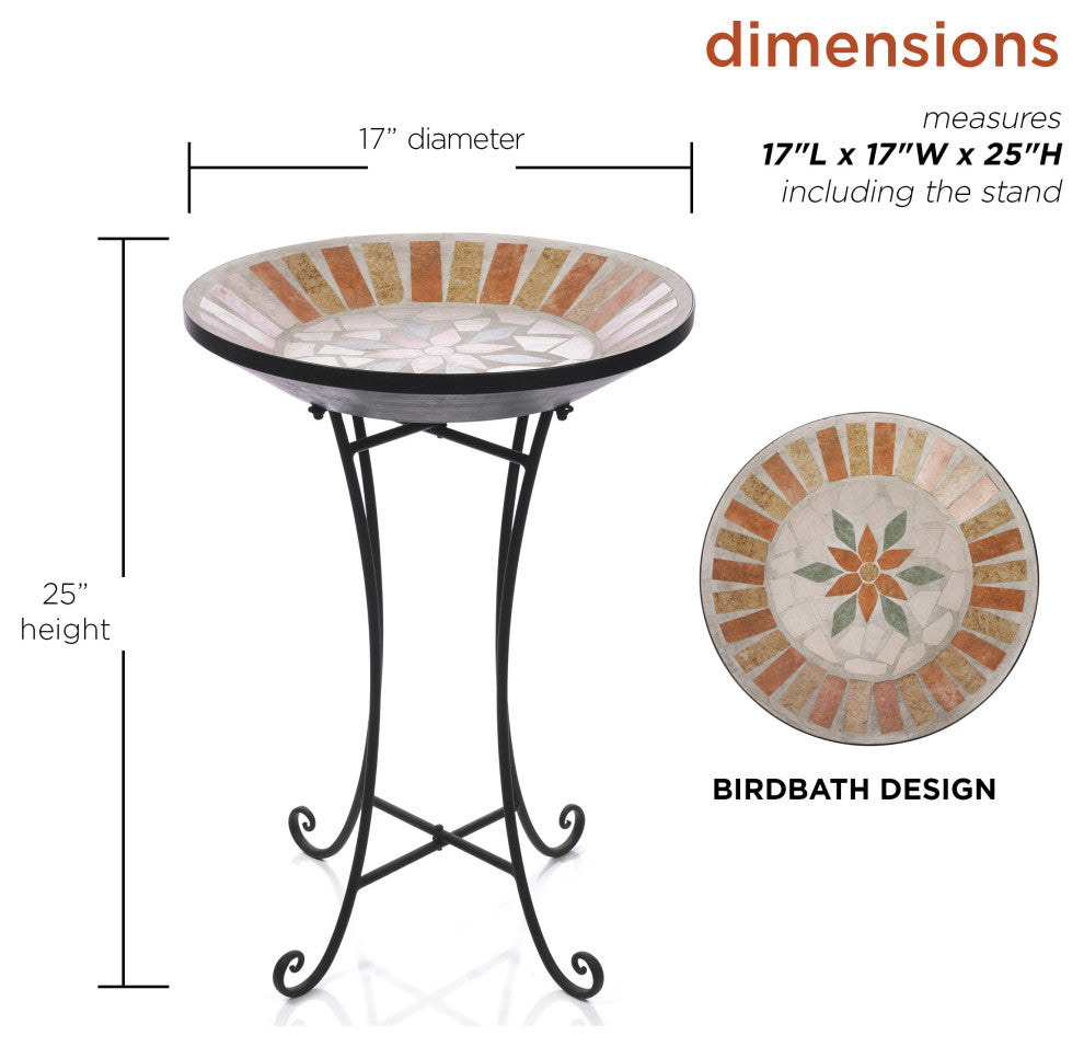 25"H Outdoor Decorative Mosaic Birdbath with Metal Stand, Tan/Beige