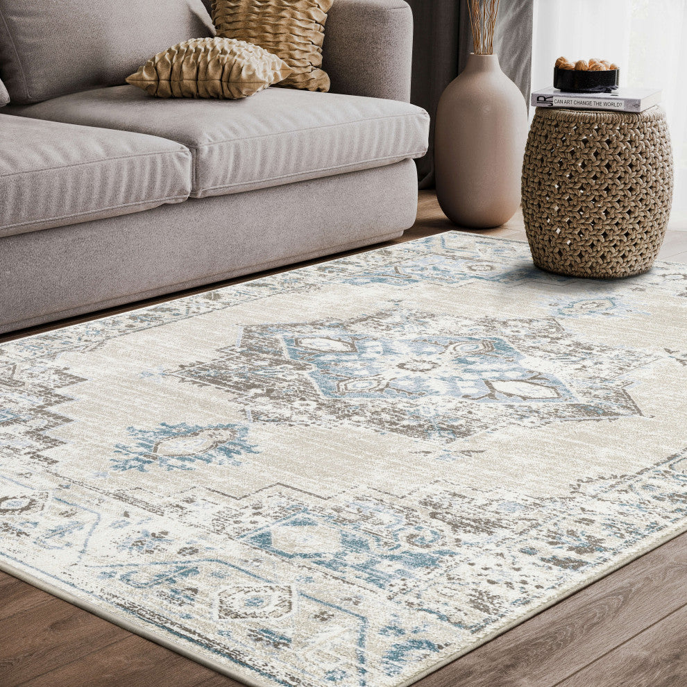 Abani Urbana URB120A Traditional Distressed Ivory and Light Blue Area Rug