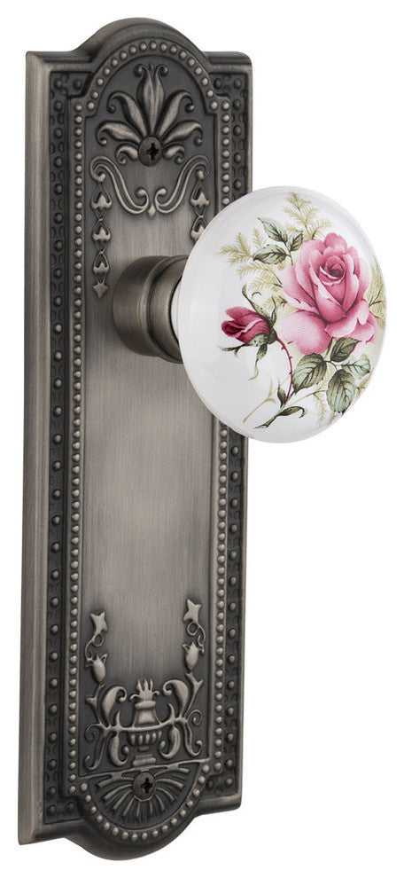 Double Meadows Plate With Rose Porcelain Knob, Antique Pewter