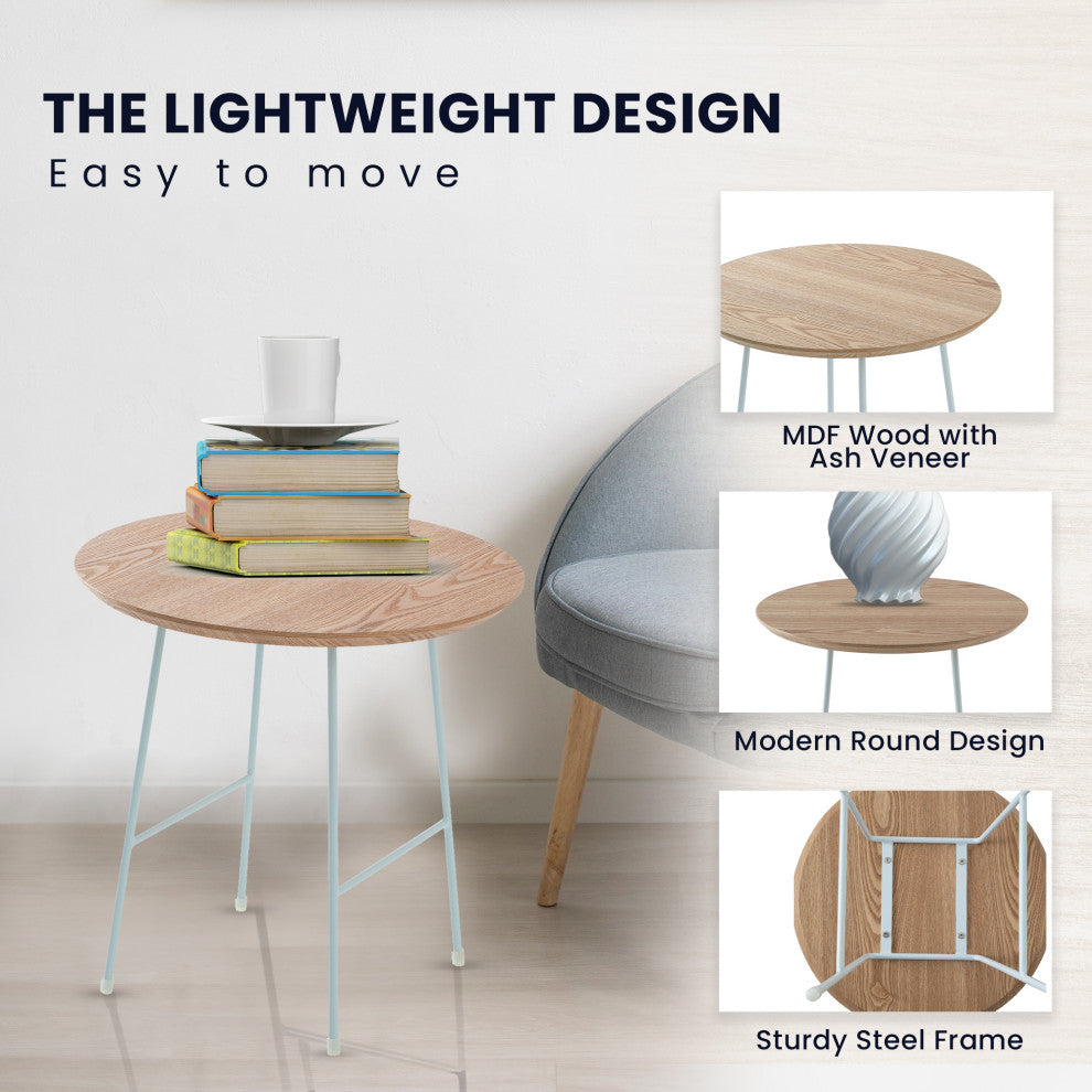LeisureMod Rossmore Modern Round Side Table With White Steel Frame, Natural Wood