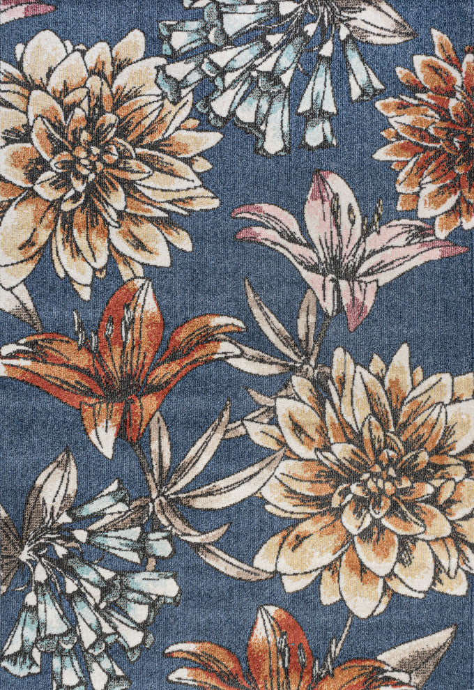 Giglio Modern Botanical Flower Area Rug, Blue/Orange/Cream, 3 X 5