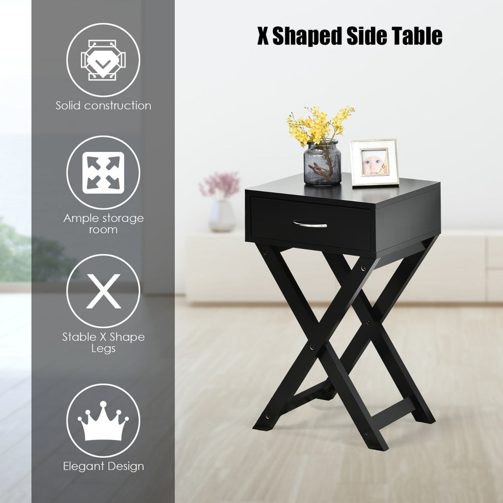 Nightstand x-Shape Drawer Accent Side End Table Modern Home Furniture Black