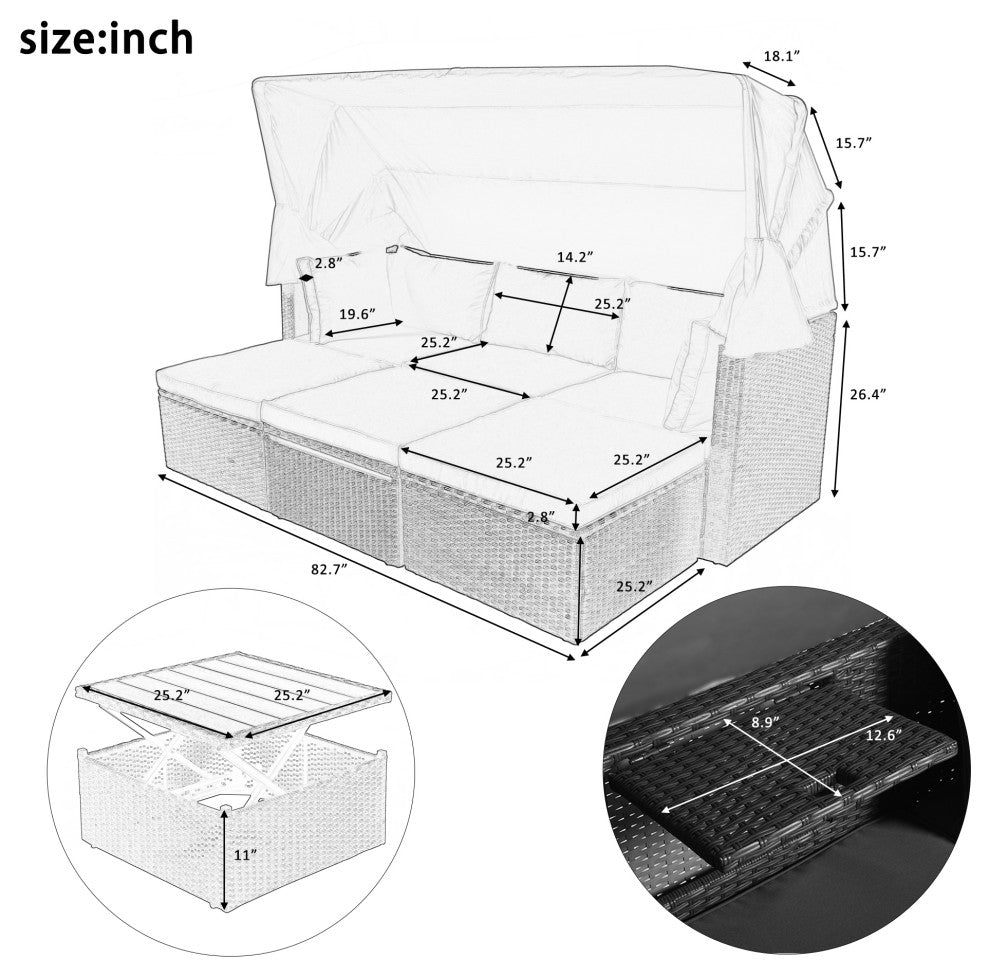 4-Piece Outdoor Wicker Sectional Patio Daybed with Canopy and Ottoman, Black Bei
