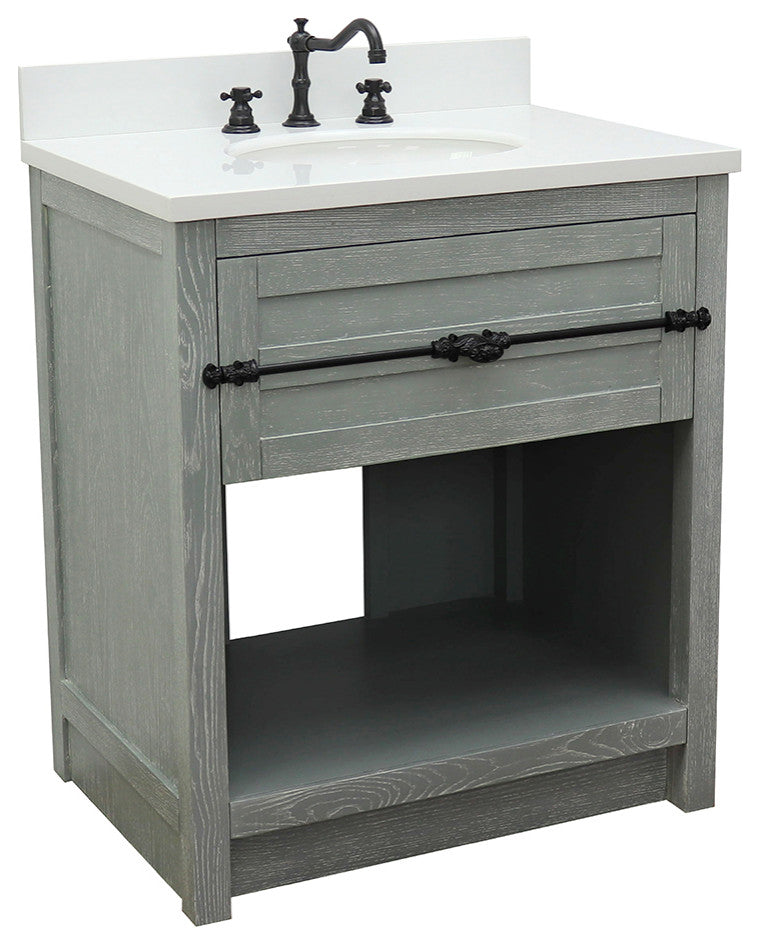 30" Single Vanity, Gray Ash, White Engineered Stone Top, Oval Sink