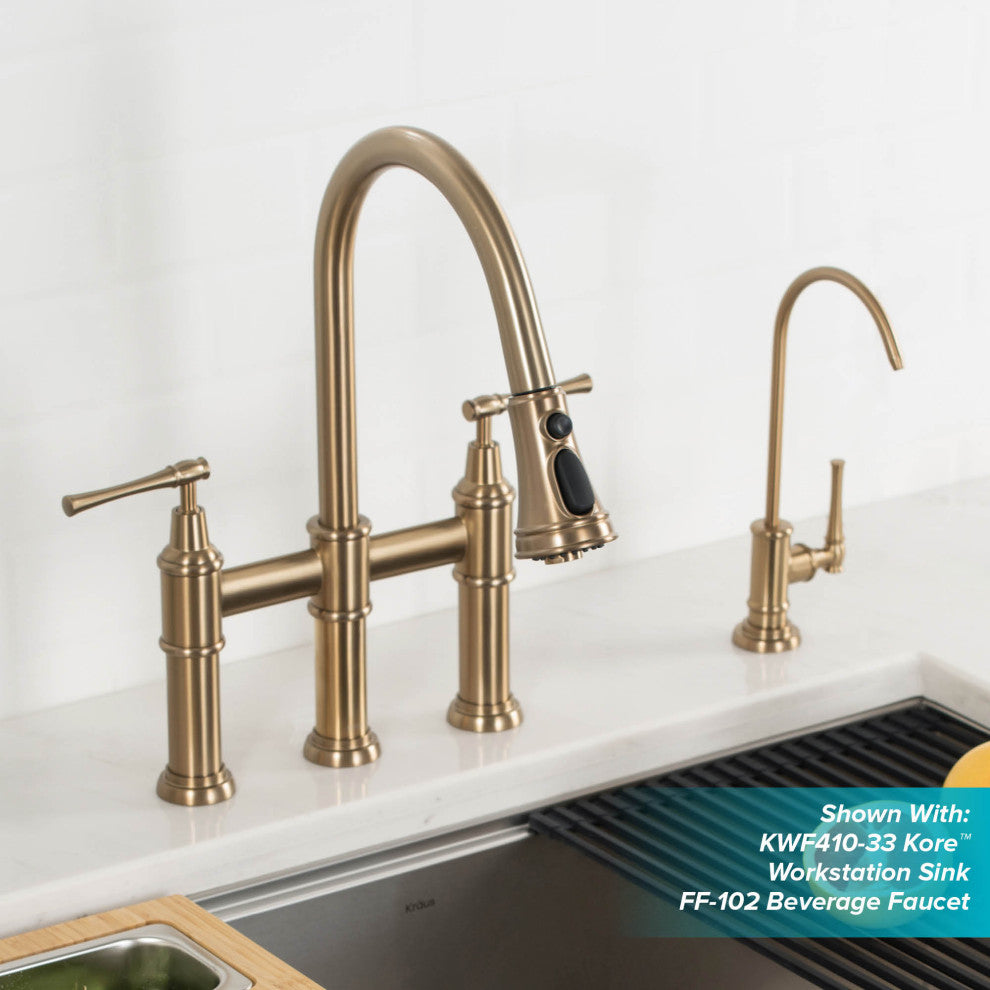Allyn Traditional 3-Function Bridge Pull-Down Kitchen Faucet Brushed Gold
