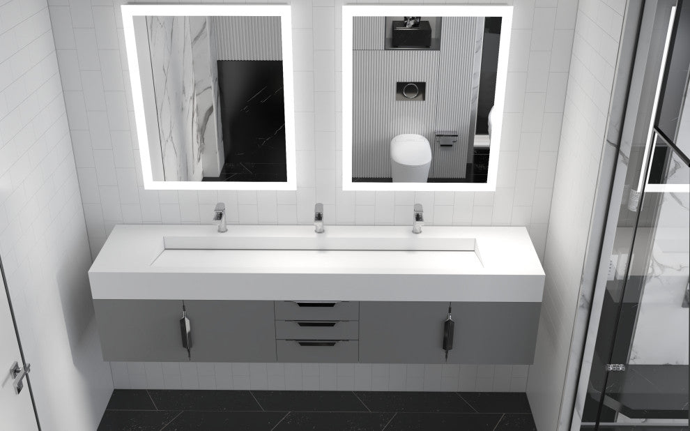 CastelloUSA Nile 84" Wall Mounted Bathroom Vanity Set, Gray, White Top, Chrome Handles