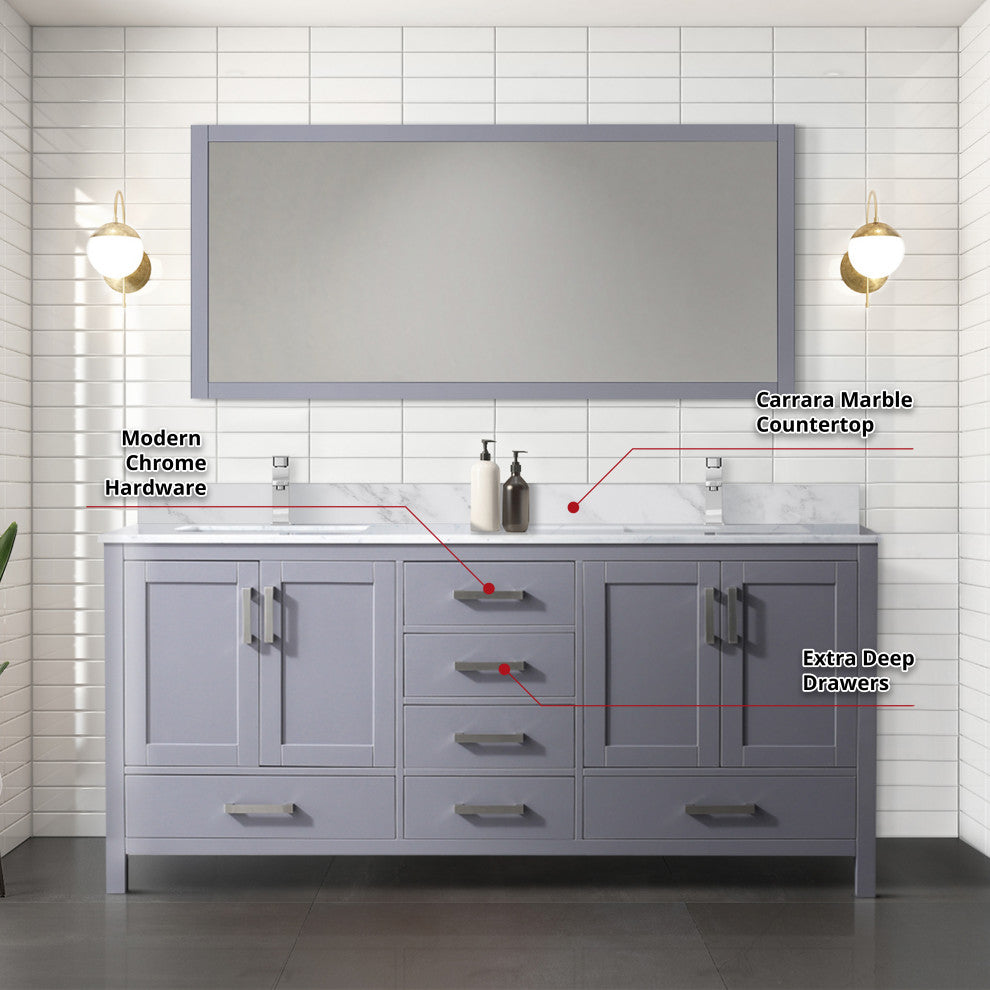 Jacques 72" Dark Gray Double Vanity Carrara Marble Top Sinks, 70" Wall Mirror