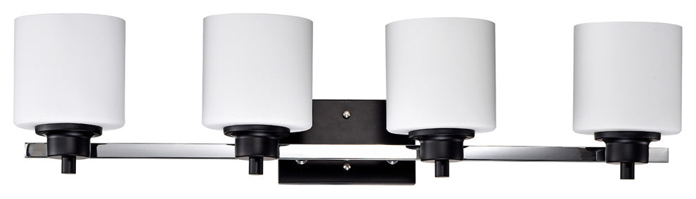 4-Light Black and Chrome Finish Vanity Lights With Etched White Glass Shades