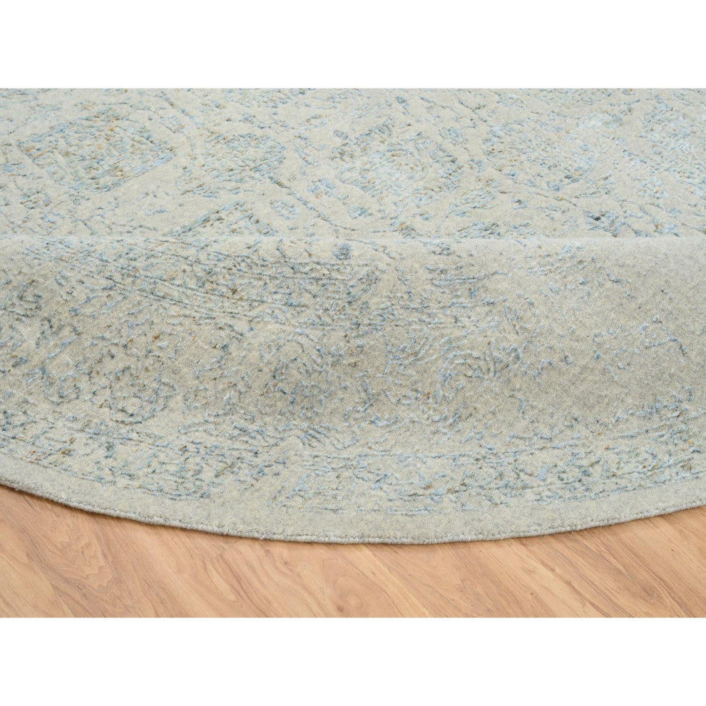 Blue, Tabriz Design, Jacquard Hand Loomed Wool and Silk Round Rug, 12'0"x12'0"