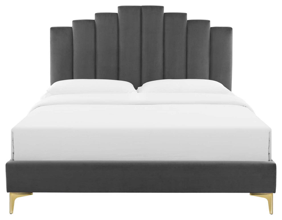 Platform Bed Frame, Full Size, Velvet, Dark Gray, Modern Contemporary