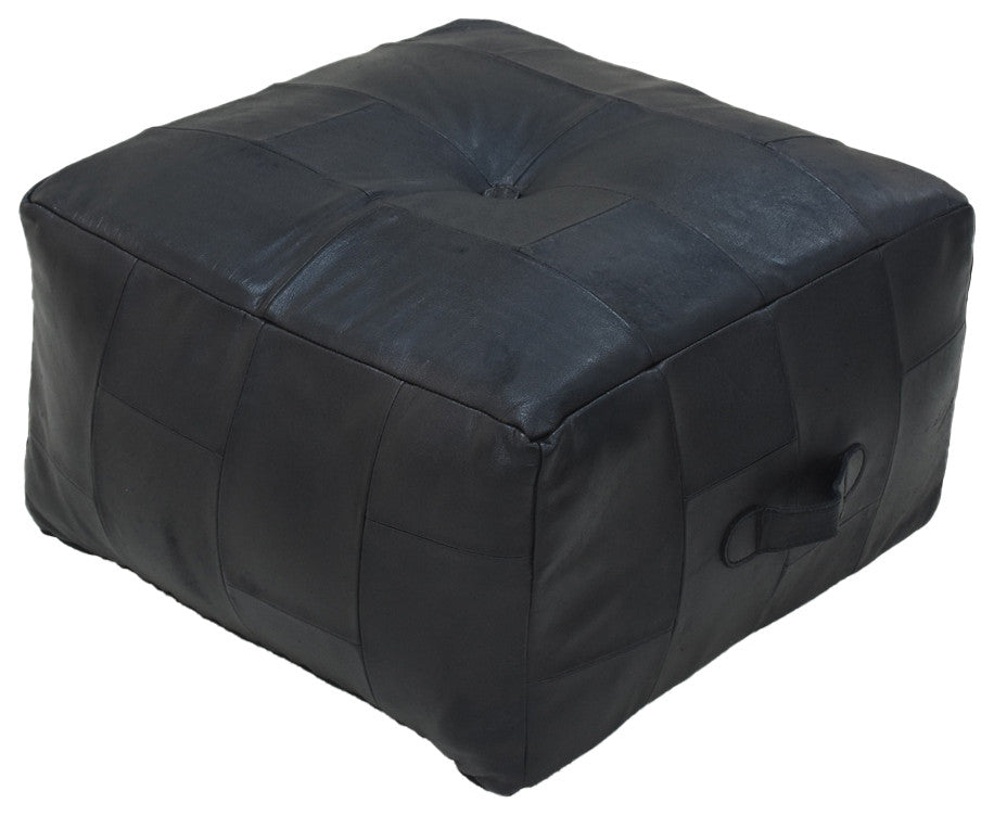 Geometric Handmade Leather Pouf (Recycled Foam with Fibre Fill) Black, (Square)21x21x12