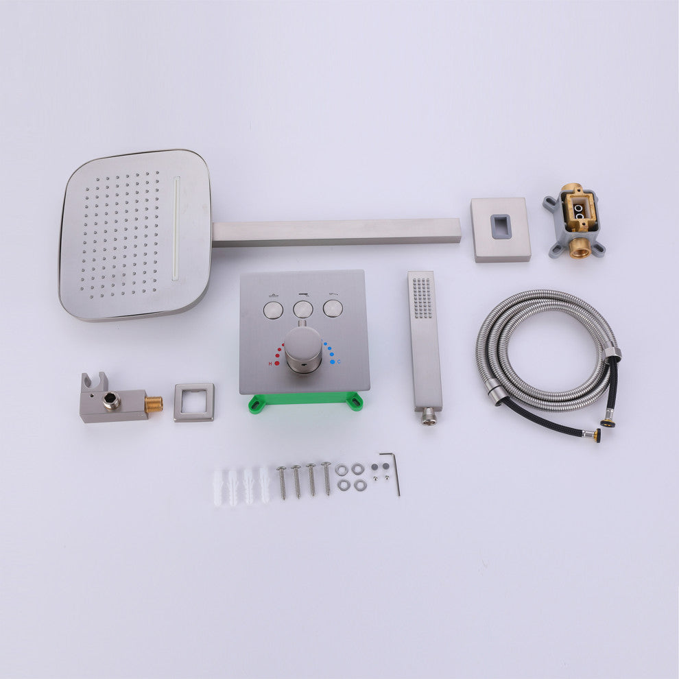 Thermostatic Rain Shower System with Hand Shower-Includes Rough-in Valve, Brushed Nickel