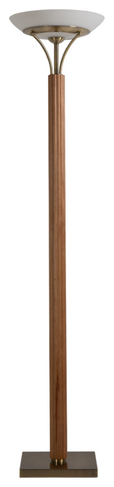 Tambo Torchiere Floor Lamp - Dark Walnut Wood Finish, Weathered Brass, Dimmer, Natural Ash Wood Finish, Weathered Brass