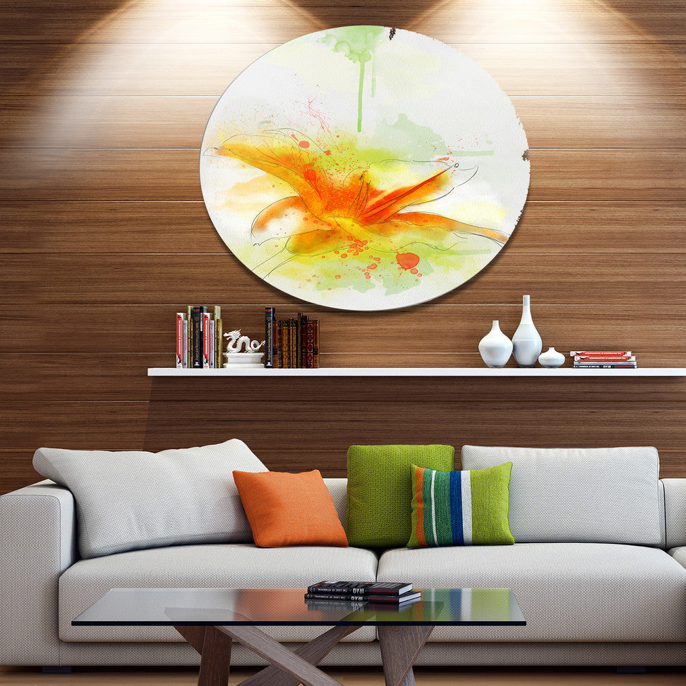 Yellow Red Flower With Color Splashes, Floral Disc Metal Artwork, 11"