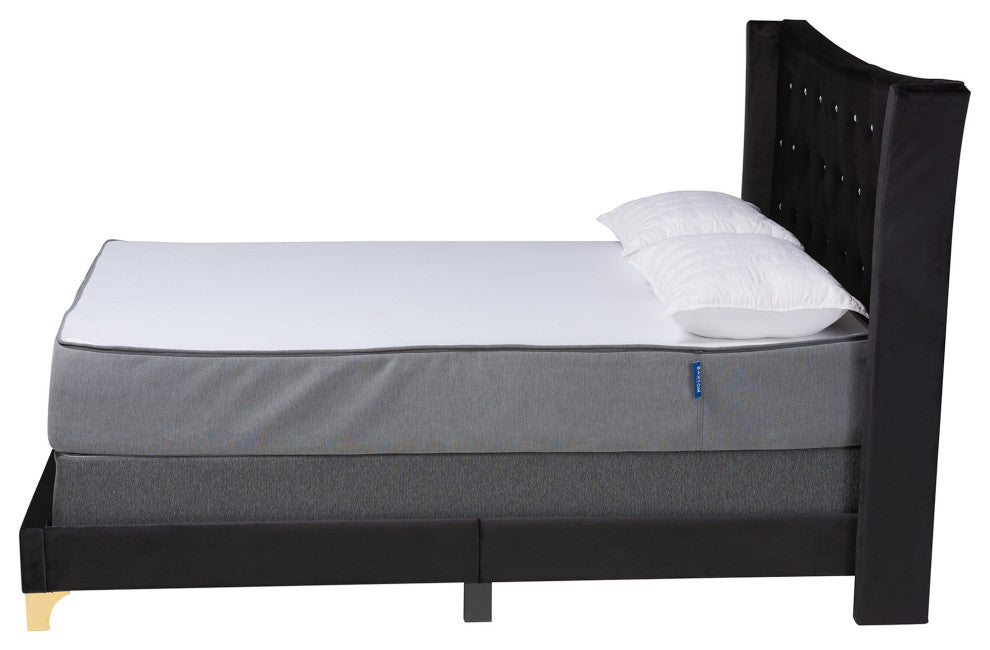 Fae Velvet Queen Size Panel Bed, Black/Gold