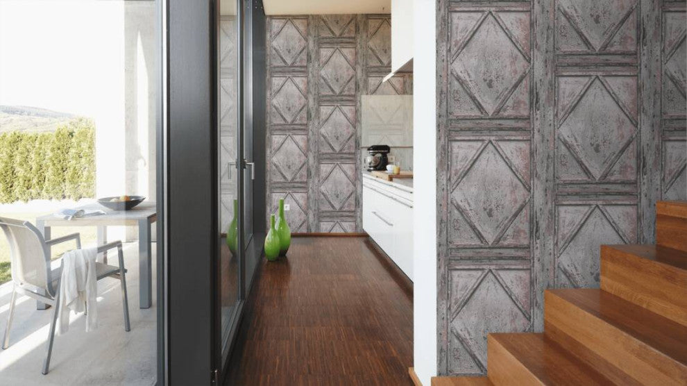 Loft Vintage Textured Wallpaper Featuring Boxes Wood, Gray Brown, One Roll