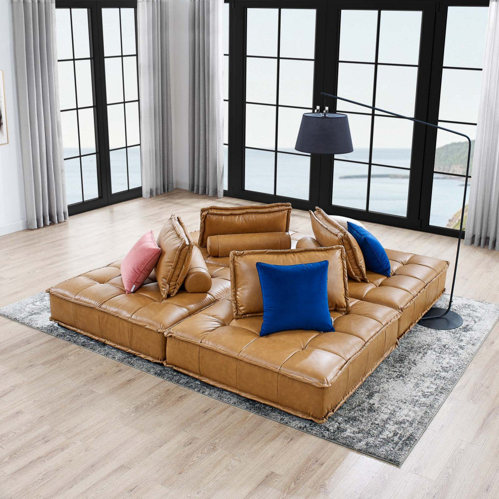 Saunter Tufted Vegan Leather Vegan Leather 4-Piece Sectional Sofa Tan