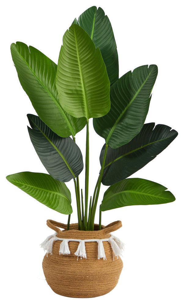 4' Travelers Palm Faux Tree, Boho Chic Handmade Natural Woven Planter W/Tassels