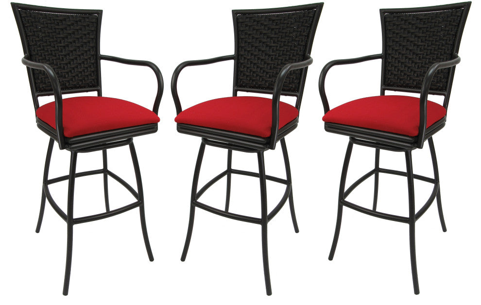 Set of 3, Outdoor/Indoor Swivel Bar Stools Erin, Red Linen on Black, 34"