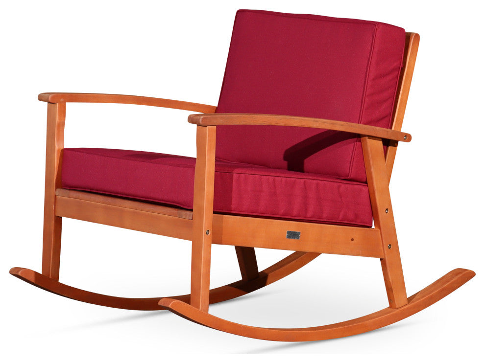 DTY Outdoor Living Longs Peak Eucalyptus Rocker w/ Cushions, Natural Oil, Burgun