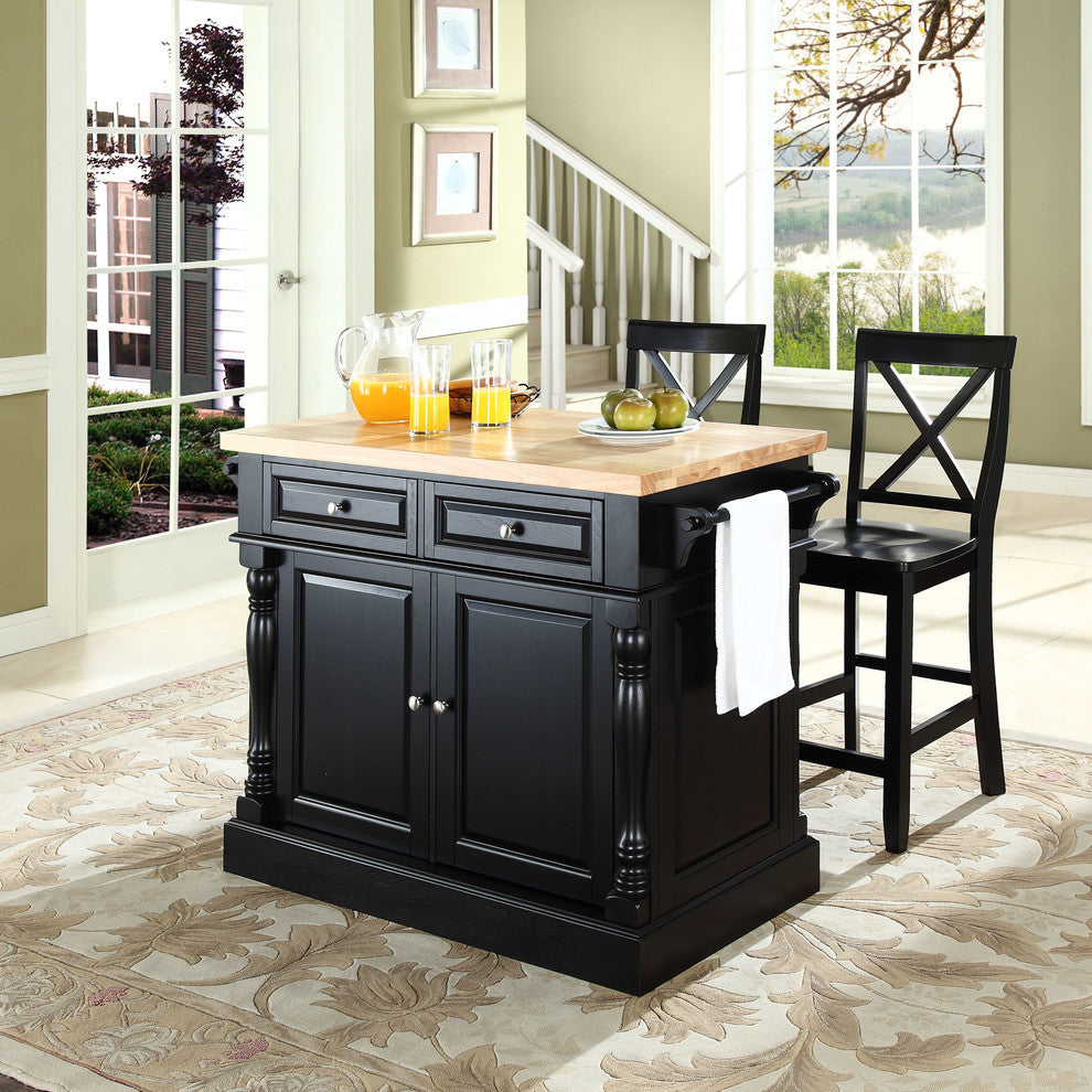Butcher Block Top Kitchen Island in Black Finish With 24"x-Back Stools