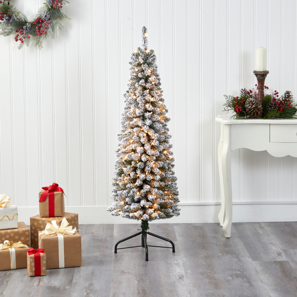 Nearly Natural 5ï¿½ Flocked Pencil Artificial Christmas Tree with 200 Clear Lights