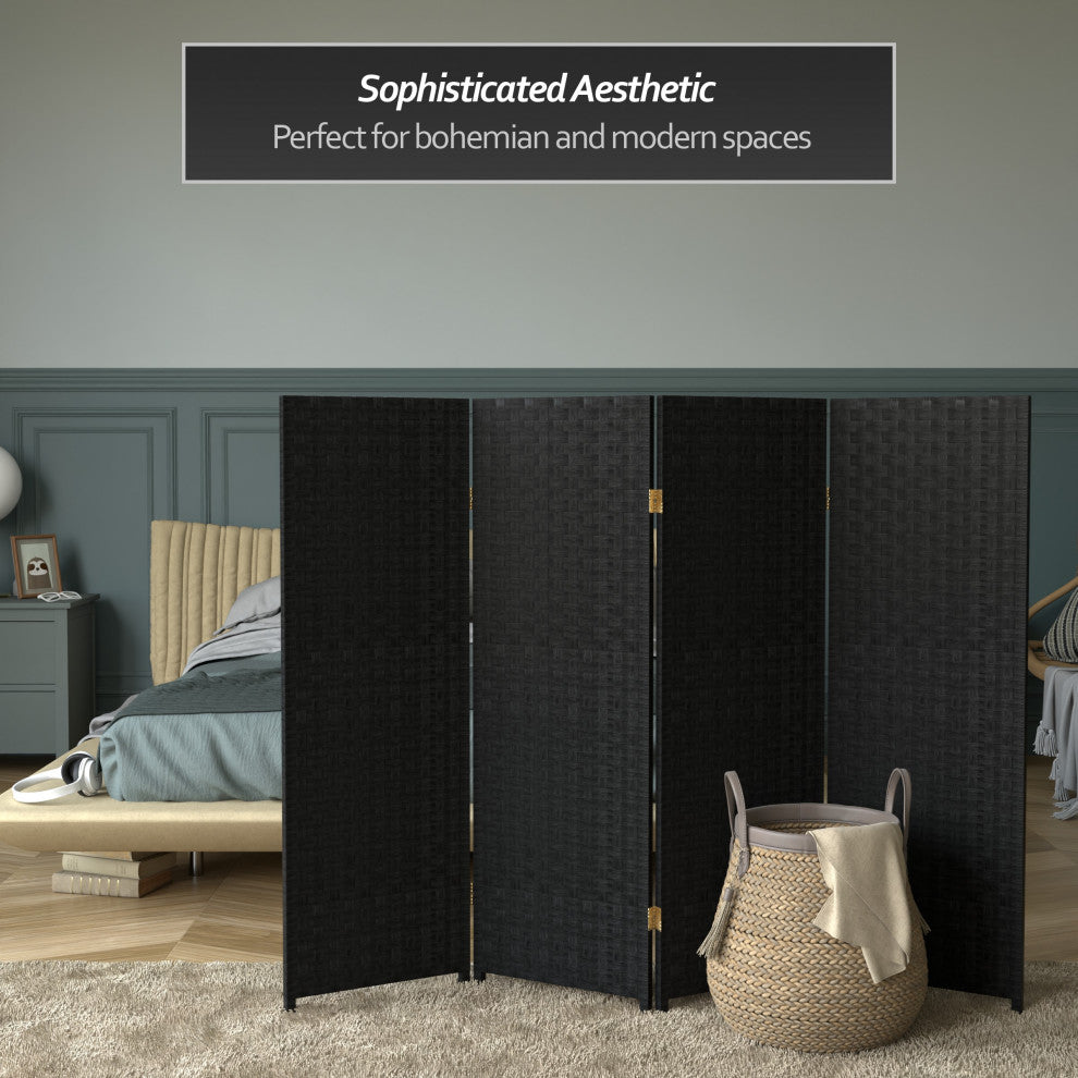 4' Tall Woven Fiber Room Divider, Black, 4 Panel