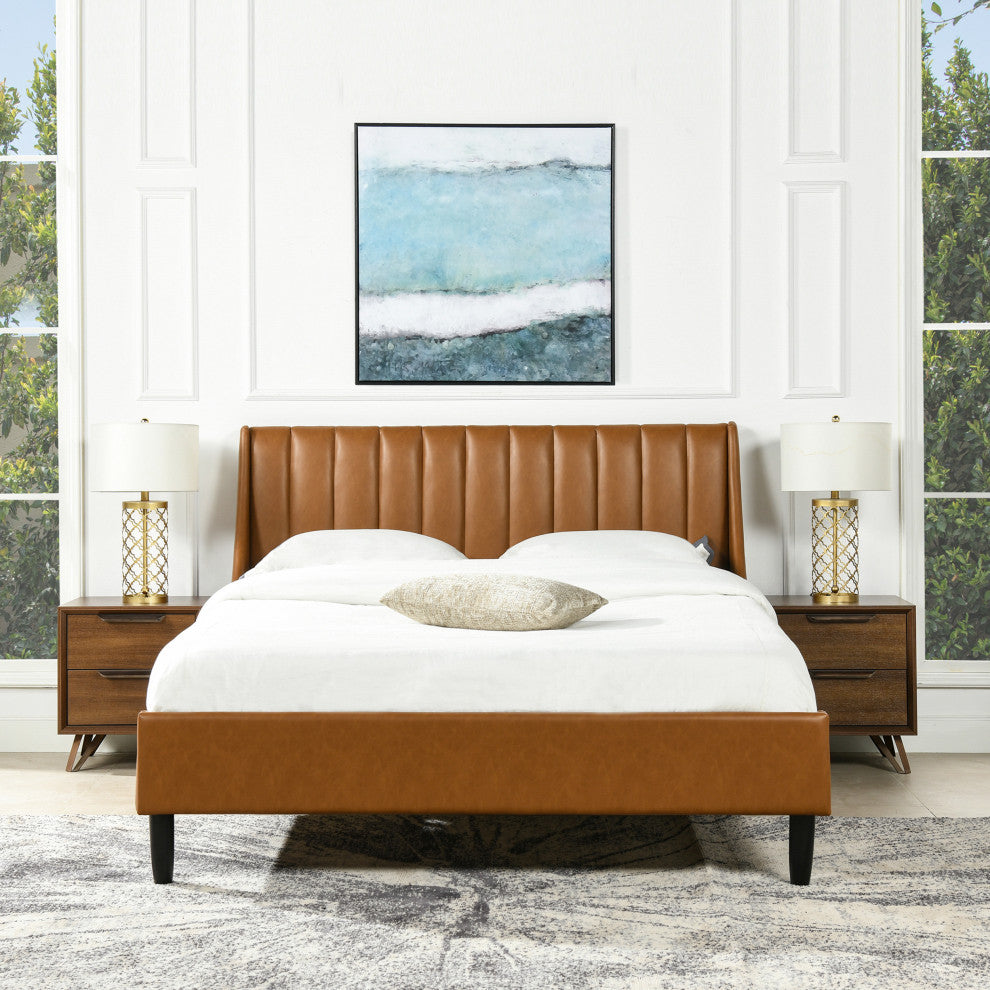 Aspen Modern Vertical Tufted Upholstered Platform Bed, Caramel Tan Brown Faux Leather, Queen