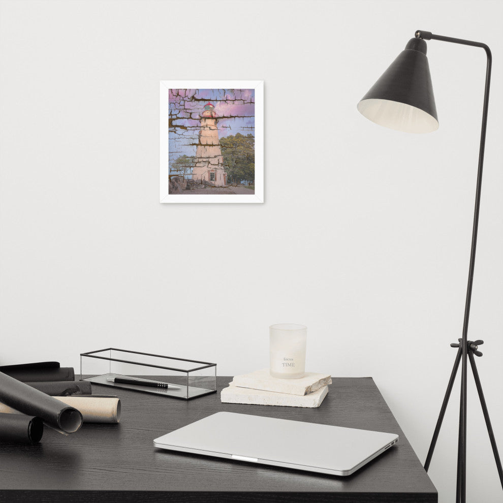 Faux Wood Texture Marblehead Lighthouse at Sunset Framed Photo Wall Art Print, White, 8" X 10"