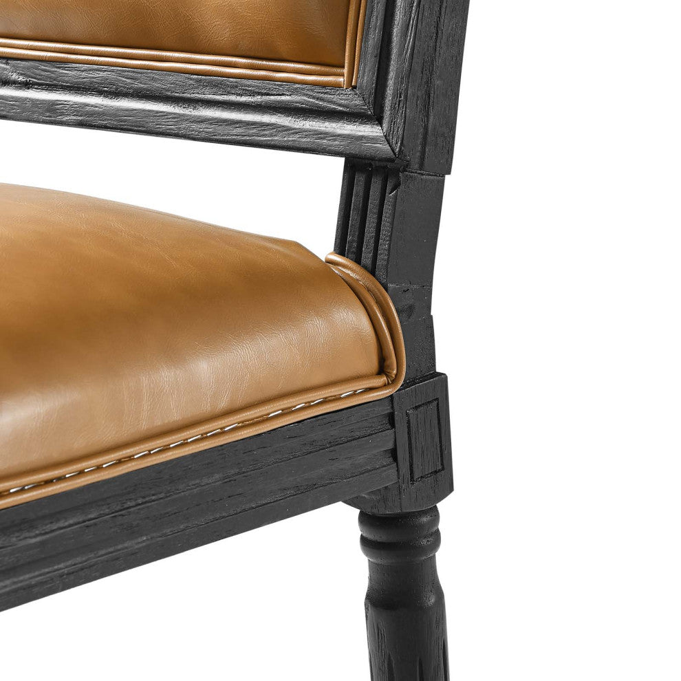 French Vintage Side Dining Chair, Faux Vegan Leather, Wood, Black Tan, Modern