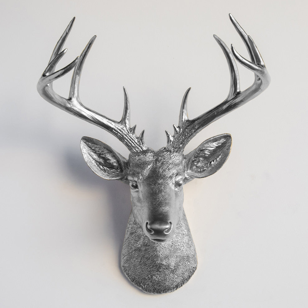 Faux Deer Head Wall Mount - 14 Point Stag Head Antlers, Silver
