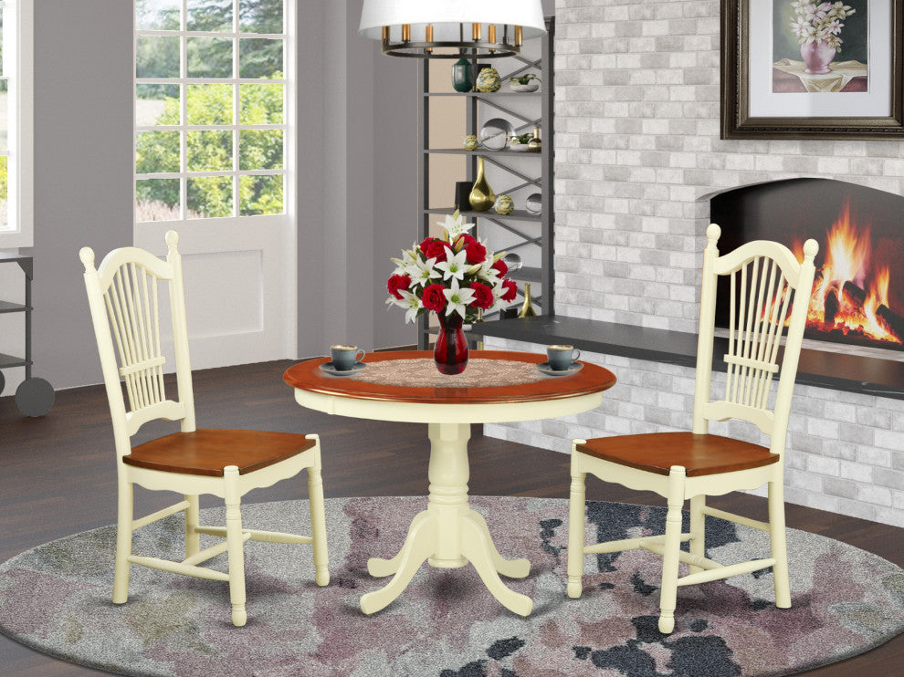 3 Pc Set, Round Small Table, 2 Leather Kitchen Chairs, Buttermilk, Cherry .