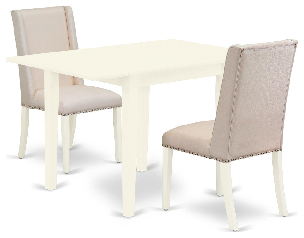 3Pc Dining Set, Drop Leave Table, 2 Chairs, Cream Chairs Seat, Linen White