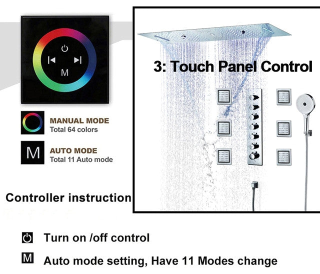 LED Musical Shower System & Jetted Body Sprays, Matte Black C, Touch Panel Light