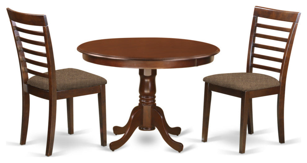 3 Pc Set, Kitchen Table And 2 Linen Seat Dinette Kitchen Chairs, Mahogany