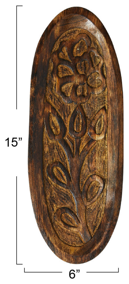 Boho Decorative Wood Tray with Carved Floral Design, Natural