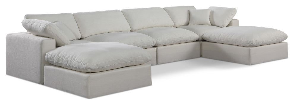 Comfy Upholstered U-Shaped Modular Sectional, Cream, 6-Piece: 2 Armless Chair, 2 Corner Chair, 2 Ottoman, Linen Textured Fabric